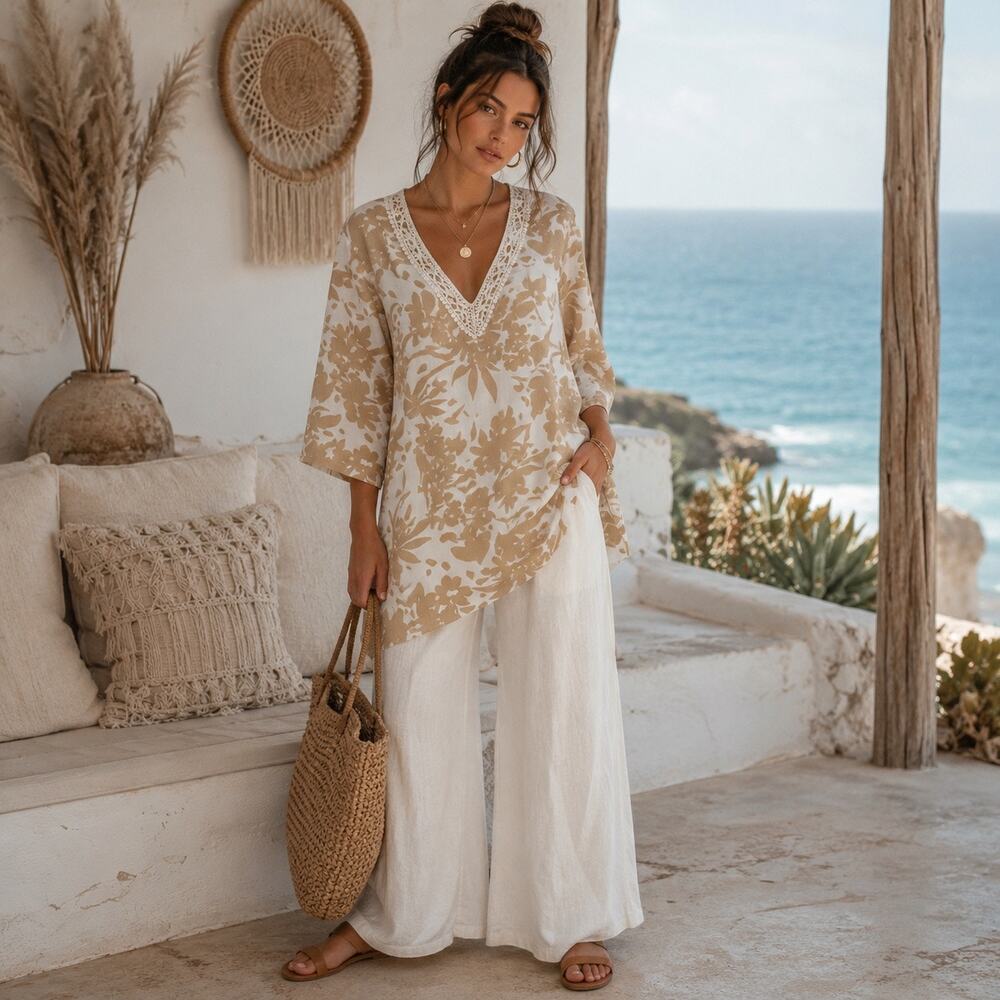Premise Linen Blend Floral Top Sz L Coastal Boho Lagenlook Neutral Old Money
